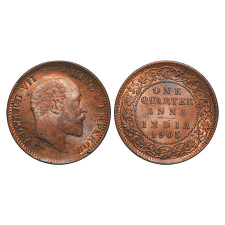 Edward VII, Copper, Quarter Anna, 1905, Calcutta Mint, No mint mark, F. Prid # 649. GK 996