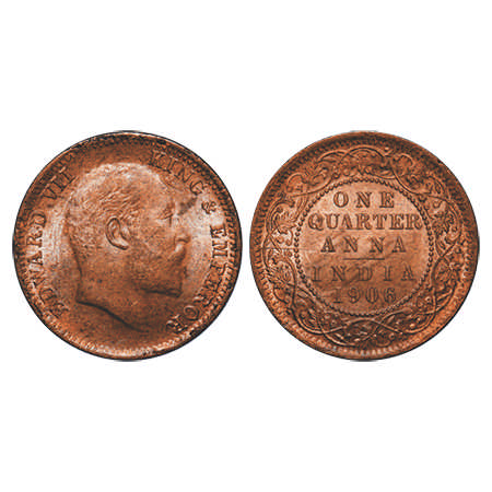 Edward VII, Bronze, Quarter Anna, 1906, Calcutta Mint, No mint mark. F. Prid # 651. GK 998