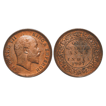 Edward VII, Bronze, Quarter Anna, 1907, Calcutta Mint, No mint mark. F. Prid # 652. GK 999