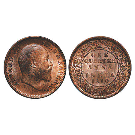 Edward VII, Bronze, Quarter Anna, 1910, Calcutta Mint, No mint mark. F. Prid # 655. GK 100