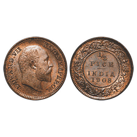 Edward VII, Bronze, ½ Pice, 1908, Calcutta Mint, No Mint mark. F. Prid # 742. GK 1009. Unc