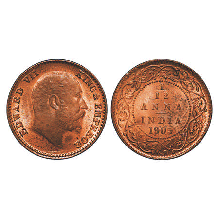 Edward VII, Copper, 1/12 Anna, 1905, Calcutta Mint, No mint mark. F. Prid # 820. GK 1014. 