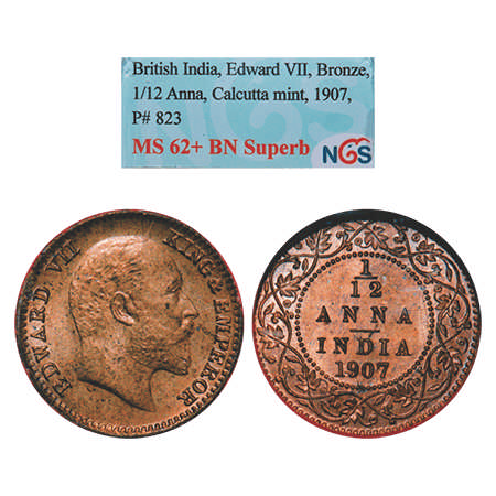 Edward VII, Bronze, 1/12 Anna, 1907, Calcutta Mint, No mint mark. F. Prid # 823. GK 1017. 