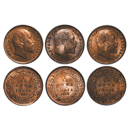 Edward VII, Bronze, 1/12 Anna, (3 coins), 1907, 1908, 1910, Calcutta Mint, No mint mark. F