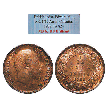 Edward VII, Bronze, 1/12 Anna, 1908, Calcutta Mint, No mint mark. F. Prid # 824. GK 1018. 