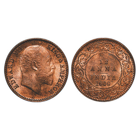 Edward VII, Bronze, 1/12 Anna, 1909, Calcutta Mint, No mint mark. F. Prid # 825. GK 1019. 