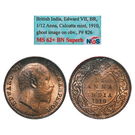 Edward VII, Bronze, 1/12 Anna, 1910, Calcutta Mint, No mint mark. F. Prid # 826. GK 1020. 