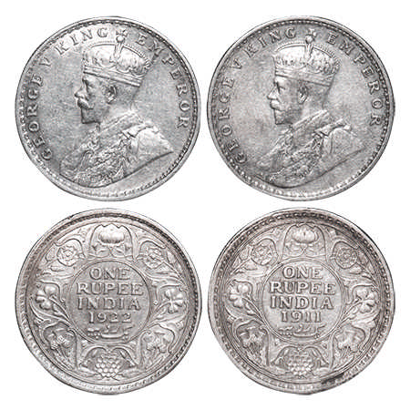 George V, Silver, Rupee, (2 coins), Bombay Mint, Dot, 1) 1911, Pig-Type, 2) 1922, Elephant