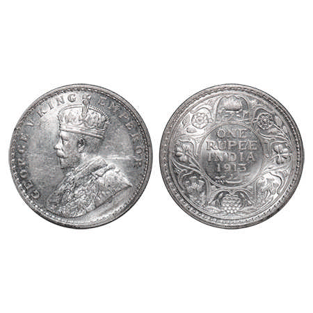 George V, Silver, Rupee, 1913, Calcutta Mint, No dot, Raised initials 'BM' on the truncati