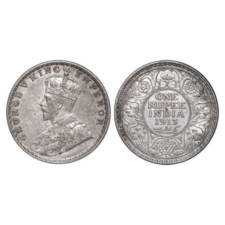George V, Silver, Rupee, 1913, Bombay Mint, Dot. F. Prid # 219. GK 1028. About Uncirculate