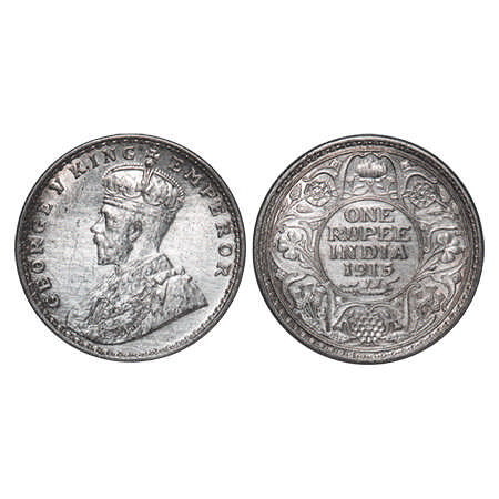 George V, Silver, Rupee, 1915, Calcutta Mint, No dot. F. Prid # 211. GK 1031. About Uncirc