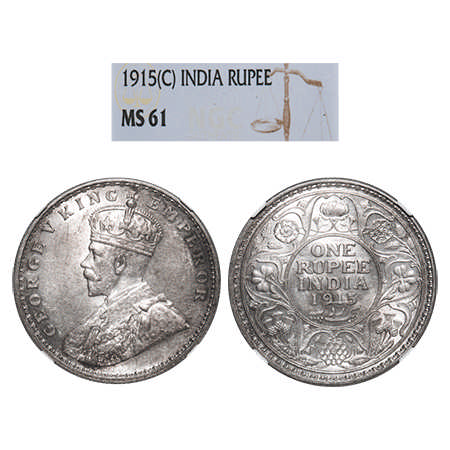 George V, Silver, Rupee, 1915, Calcutta Mint, No dot. F. Prid # 211. GK 1031. NGC Slabbed 