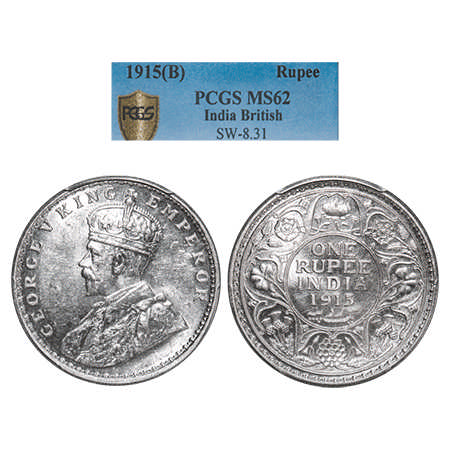 George V, Silver, Rupee, 1915, Bombay Mint, Dot. F. Prid # 221. GK 1032. PCGS Slabbed MS 6