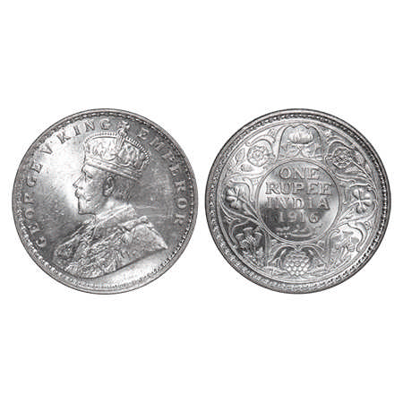 George V, Silver, Rupee, 1916, Calcutta Mint, No dot. F. Prid # 212. GK 1033. Brilliant Un