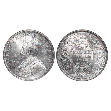 George V, Silver, Rupee, 1916, Bombay Mint, Dot, Raised initials 'BM' on the truncation. F
