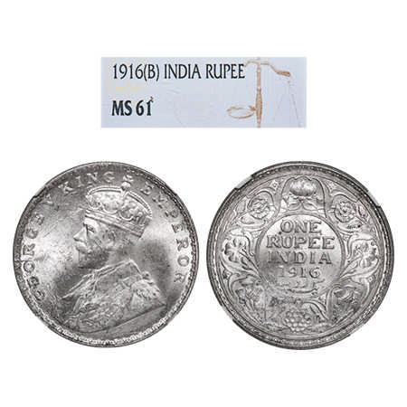 George V, Silver, Rupee, 1916, Bombay Mint, Dot. F. Prid # 222. GK 1034. NGC Slabbed MS 61