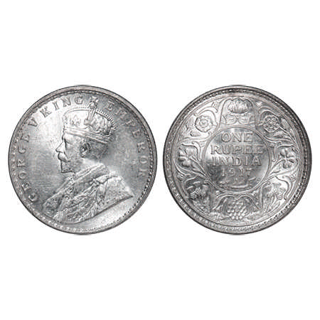 George V, Silver, Rupee, 1917, Calcutta Mint, No dot, Raised initials 'BM' on the truncati