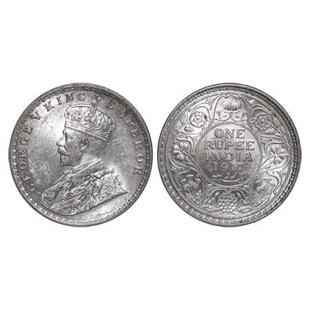 George V, Silver, Rupee, 1917, Calcutta Mint, No dot. F. Prid # 213. GK 1035. Brilliant Un