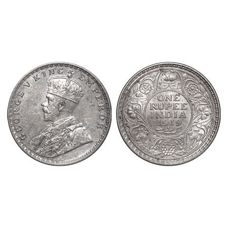 George V, Silver, Rupee, 1919, Calcutta Mint, No dot. F. Prid # 215. GK 1039. Brilliant Un