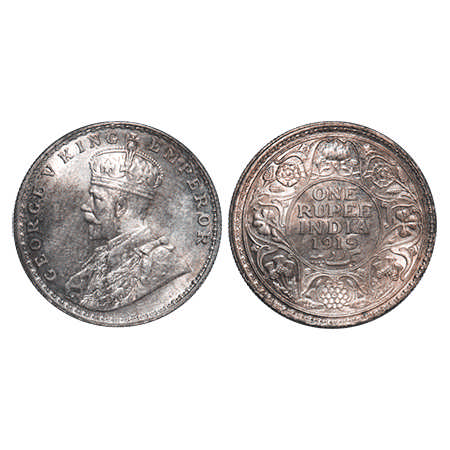 George V, Silver, Rupee, 1919, Bombay Mint, Dot, Ghost on Rev. F. Prid # 225. GK 1040. Bri