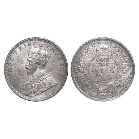 George V, Silver, Rupee, 1920, Bombay Mint, Dot, Planchet flaw on Rev. F. Prid # 226. GK 1