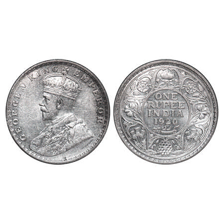 George V, Silver, Rupee, 1920, Bombay Mint, Dot, Raised initial 'BM' on the truncation. F.