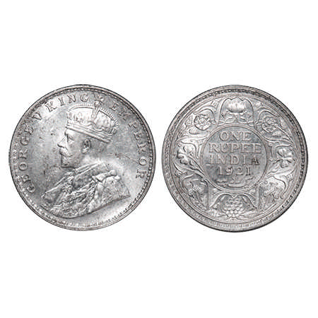 George V, Silver, Rupee, 1921, Bombay Mint, Dot, Raised initial 'BM' on the truncation. F.