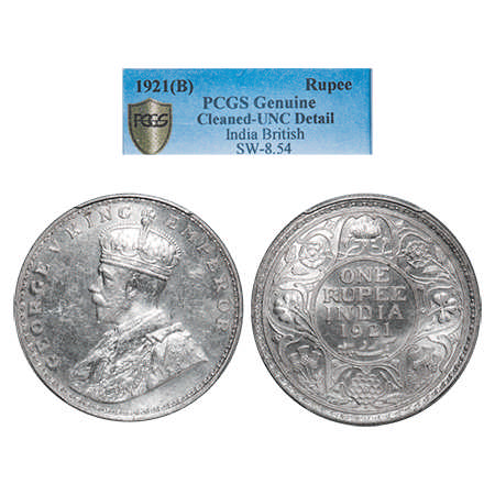 George V, Silver, Rupee, 1921, Bombay Mint, Dot. F. Prid # 227. GK 1043. PCGS Slabbed UNC 