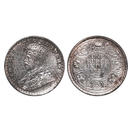 George V, Silver, Rupee, 1922, Bombay Mint, Dot. F. Prid # 228. GK 1044. Uncirculated. Ver