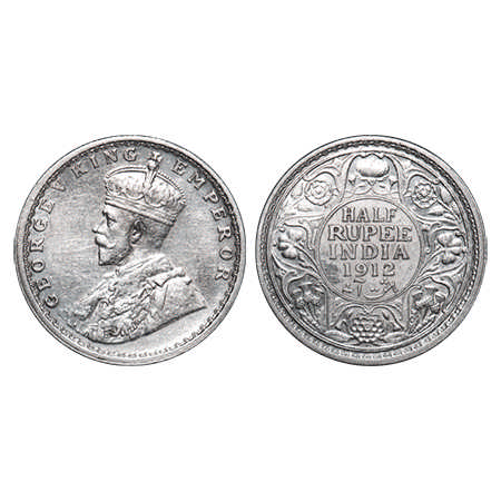George V, Silver, Half Rupee, 1912, Bombay Mint, Dot, Re-Drawn Elephant, Ghost on Rev. F. 