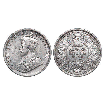 George V, Silver, Half Rupee, 1914, Bombay Mint, Dot. F. Prid # 338. GK 1051. About Uncirc