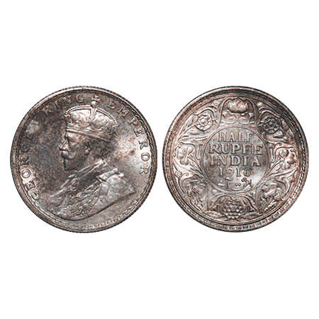 George V, Silver, Half Rupee, 1916, Bombay Mint, Dot, Ghost on Rev, Numeral '9' of year da