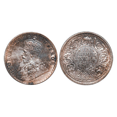 George V, Silver, Half Rupee, 1917, Bombay Mint, Dot, Error: Struck through error on Rev. 