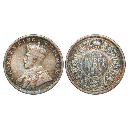 George V, Silver, Half Rupee, 1918, Bombay Mint, Dot. F. Prid # 342. GK 1056. Very Fine+. 