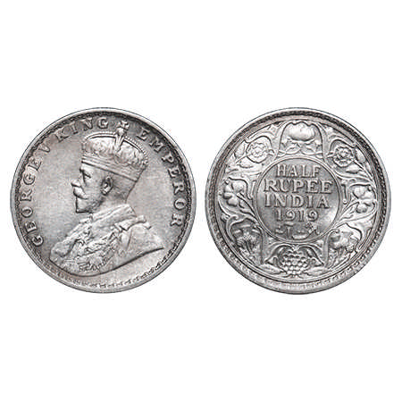 George V, Silver, Half Rupee, 1919, Bombay Mint, Dot, Ghost on Rev. F. Prid # 343. GK 1057