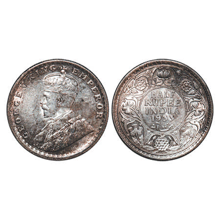 George V, Silver, Half Rupee, 1933, Calcutta mint, No dot. F. Prid # 333. GK 1073. Brillia