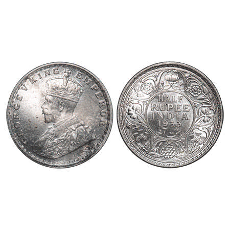 George V, Silver, Half Rupee, 1933, Calcutta Mint, No dot. F. Prid # 333. GK 1073. Uncircu