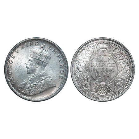 George V, Silver, Half Rupee, 1933, Calcuttta Mint, No dot. F. Prid # 333. GK 1073. Uncirc