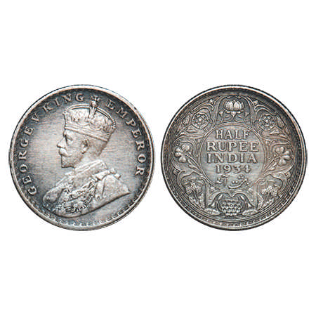 George V, Silver, Half Rupee, 1934, Calcutta Mint, No dot. F. Prid # 334. GK 1074. Very Fi