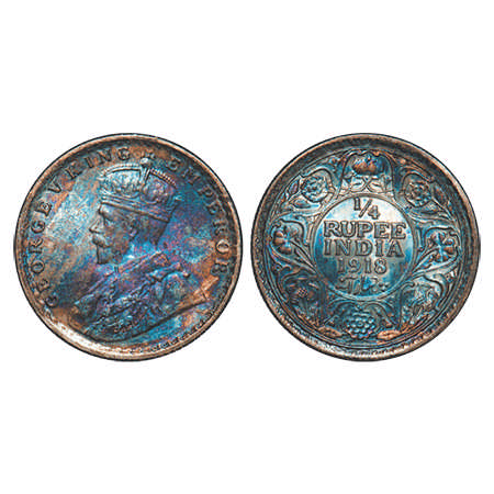 George V, Silver, ¼ Rupee, 1918, Calcutta Mint, No dot. F. Prid # 447. GK 1091. Uncirculat