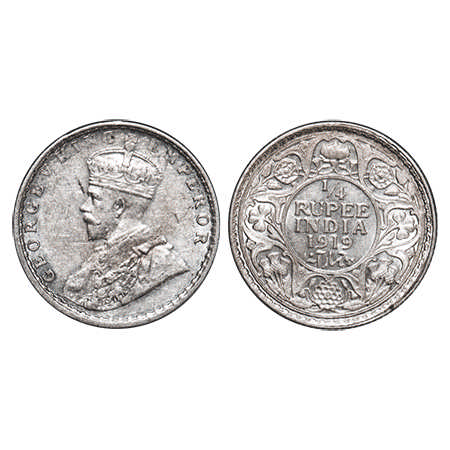 George V, Silver, ¼ Rupee, 1919, Calcutta Mint, No dot. F. Prid # 448. GK 1092. Uncirculat