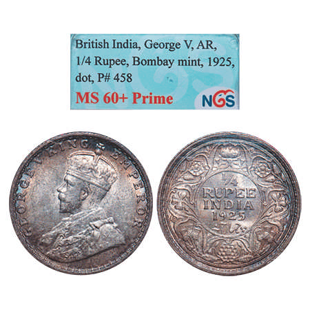 George V, Silver, ¼ Rupee, 1925, Bombay Mint, Dot. F. Prid # 458. GK 1093. NGS Slabbed MS 
