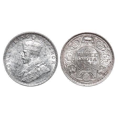 George V, Silver, ¼ Rupee, 1928, Bombay Mint, Dot. F. Prid # 459. GK 1095. Brilliant Uncir