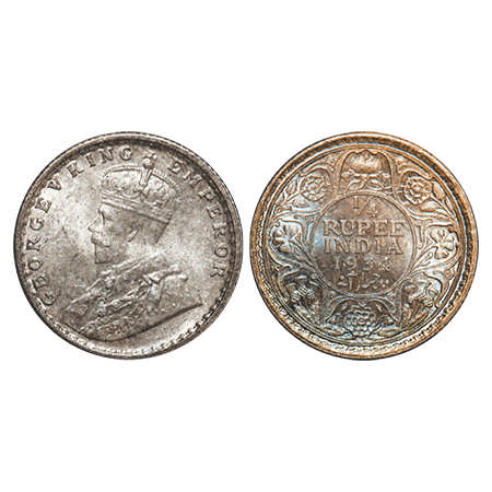 George V, Silver, ¼ Rupee, 1934, Calcutta Mint, No dot. F. Prid # 452. GK 1098. Brilliant 