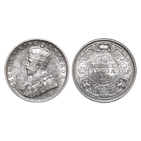 George V, Silver, ¼ Rupee, 1936, Bombay Mint, Dot. F. Prid # 460. GK 1100. Uncirculated. S