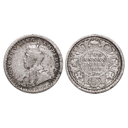 George V, Silver, 2 Annas, 1911, Calcutta Mint, No dot, Pig-Type. F. Prid # 564. GK 1107. 