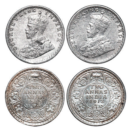 George V, Silver, 2 Annas, (2 coins), 1912, 1913, Bombay Mint, Dot. F. Prid # 571, 572. GK