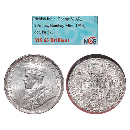 George V, Silver, 2 Annas, 1914, Bombay Mint, Dot. F. Prid # 573. GK 1113. NGS Slabbed MS 