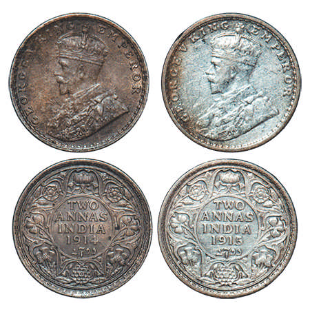George V, Silver, 2 Annas, (2 coins), 1914, 1915, Bombay Mint, Dot. F. Prid # 573, 574. GK