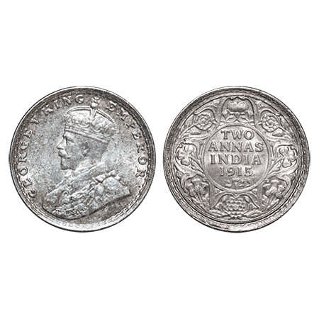George V, Silver, 2 Annas, 1915, Bombay Mint, Dot. F. Prid # 574. GK 1115. Brilliant Uncir